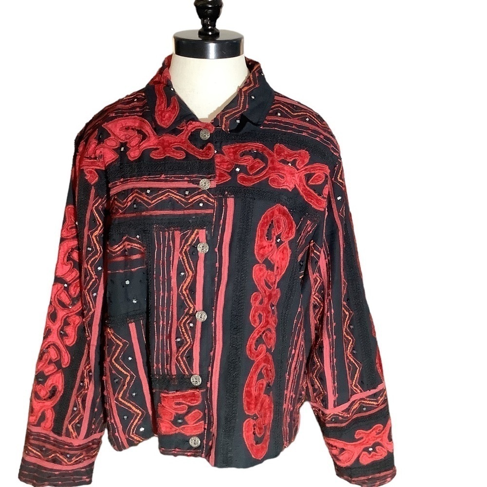 CHICO'S Black & Red Embellished Embroidered Jacket Size 3